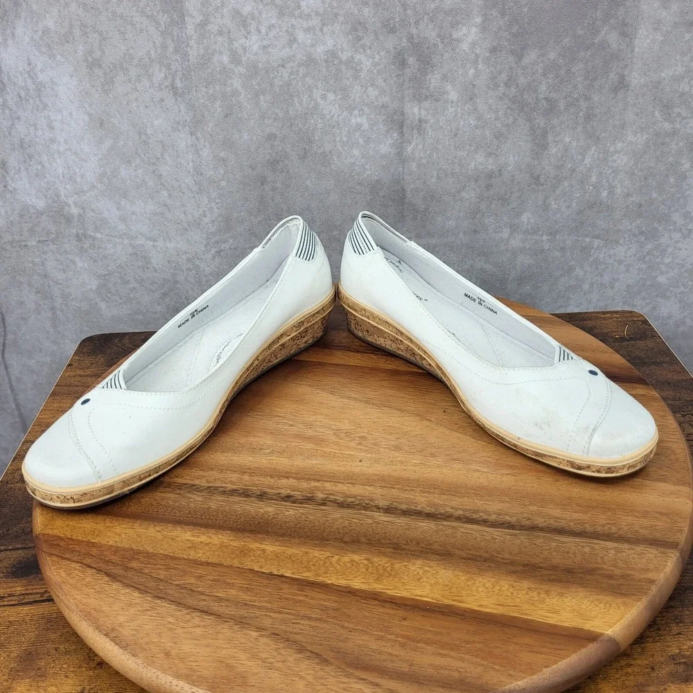 Grasshoppers Wedge Sandals Womens 8.5 White Cork Canvas Slip On Comfort Shoes‎